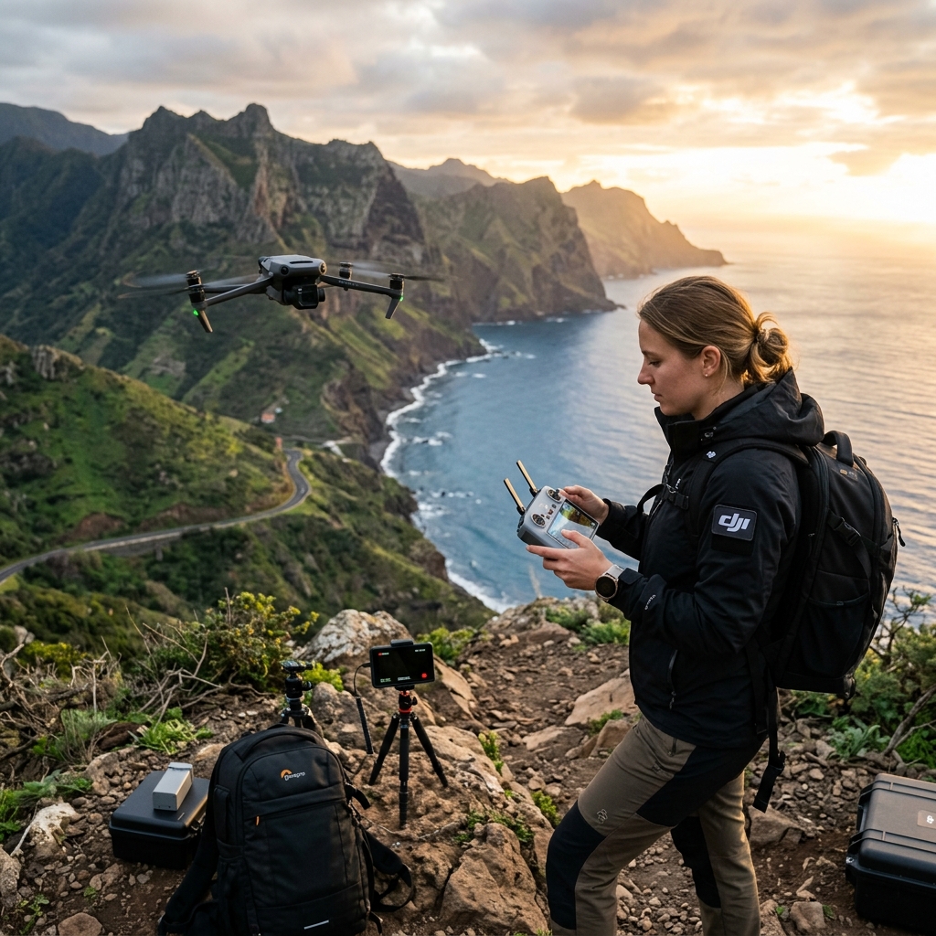 Professional Drone Operator Filming Scenic Landscape